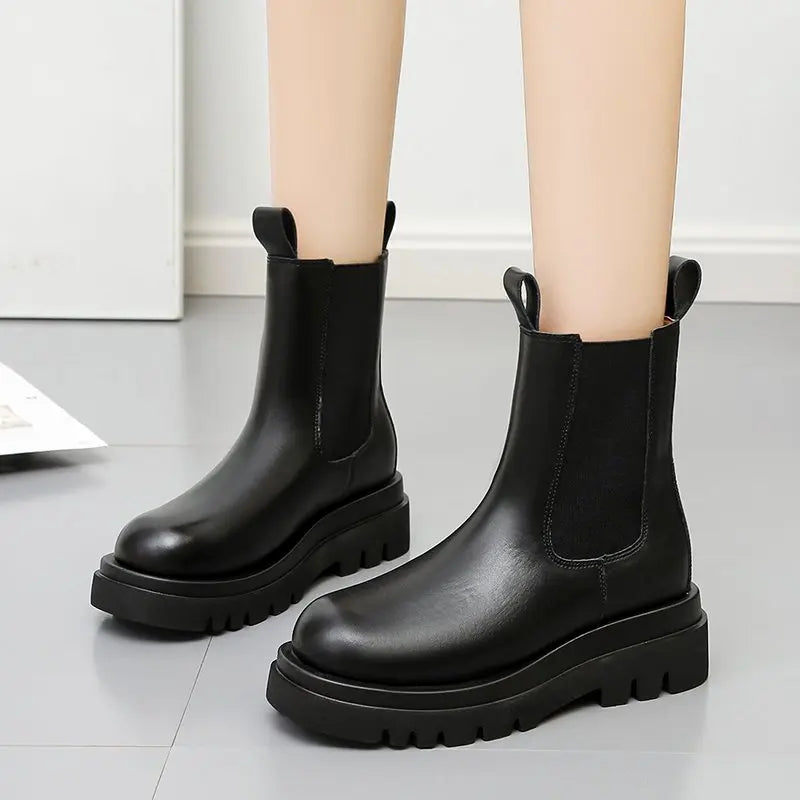 2021 Female Fashion Platform Booties New Chunky Boots Women Winter Shoes PU Leather Plush Ankle Boots Black Boots