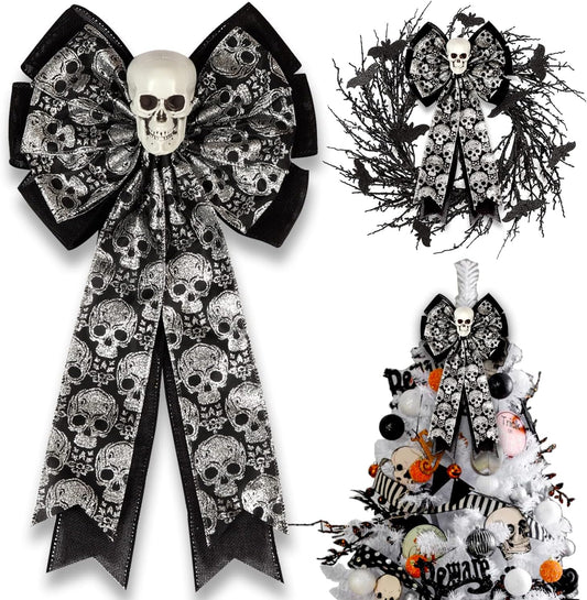 Skull Gothic Decor,Halloween Bows for Wreaths Decorations, Halloween Tree Topper Bow, Decorative Bow with Skull Glitter Silver Black Burlap for Fall Home Front Door Outdoor