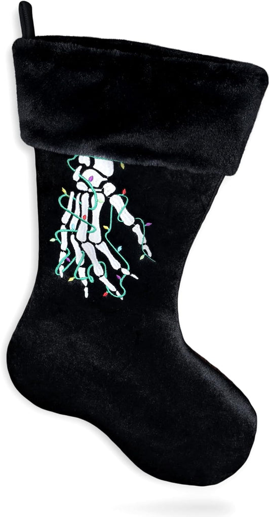 Black Christmas Stocking, Velvet and Faux Fur - White Skeleton Hand Embroidery, Goth Hexmas Decor, Spooky Gothic Decoration