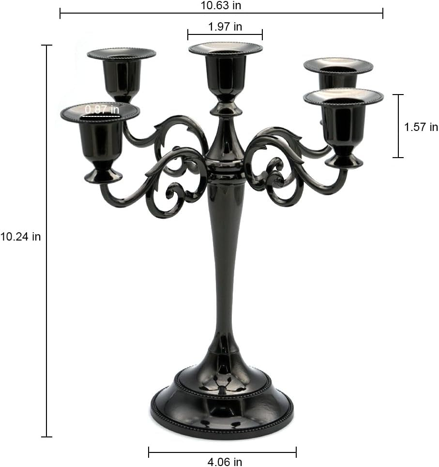 5-Candle Metal Candelabra Candlestick Holders 10.6 Inch Tall Candle Holder Wedding Event Candelabra Candle Stand (Black Candelabra)