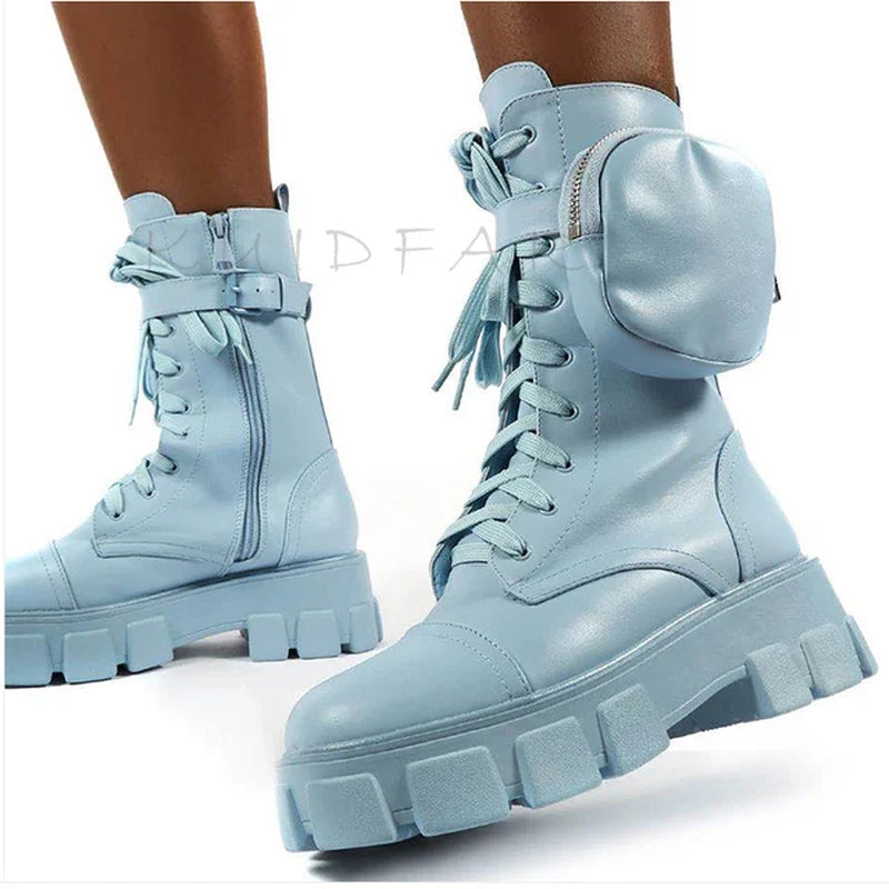 Women Boots Fashion Chunky Boots with Pocket Platform Boots Women Lace up Ankle Boots Female Punk Sole Pouch Heels Botas Mujer