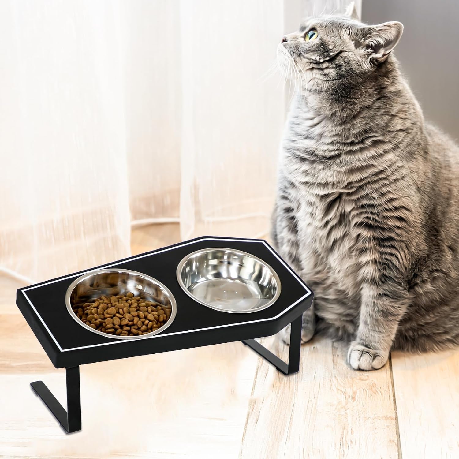 Cat Food Bowls Elevated, Gothic Cat Bowls, Raised Cat Bowls for Indoor Cats with Non-Slip Stand & Wood Board, Stainless Steel and Whisker Friendly Food Bowls