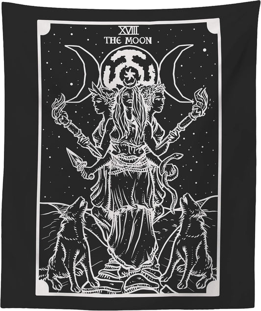 The Goddess Hecate Tarot Card Tapestry (Black & White) - Triple Moon Goddess of Witchcraft Hekate Wheel Pagan Witch Wall Hanging (60" X 50")