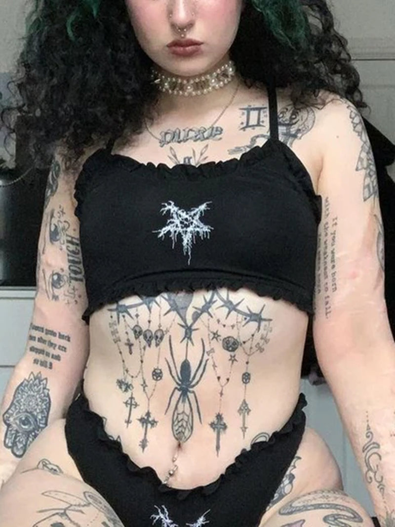 Pastel Goth Sexy Camis Women Aesthetic Y2K Emo Alt Pentagram Printed Strapless Crop Tops Dark Gothic Punk Grunge Vests