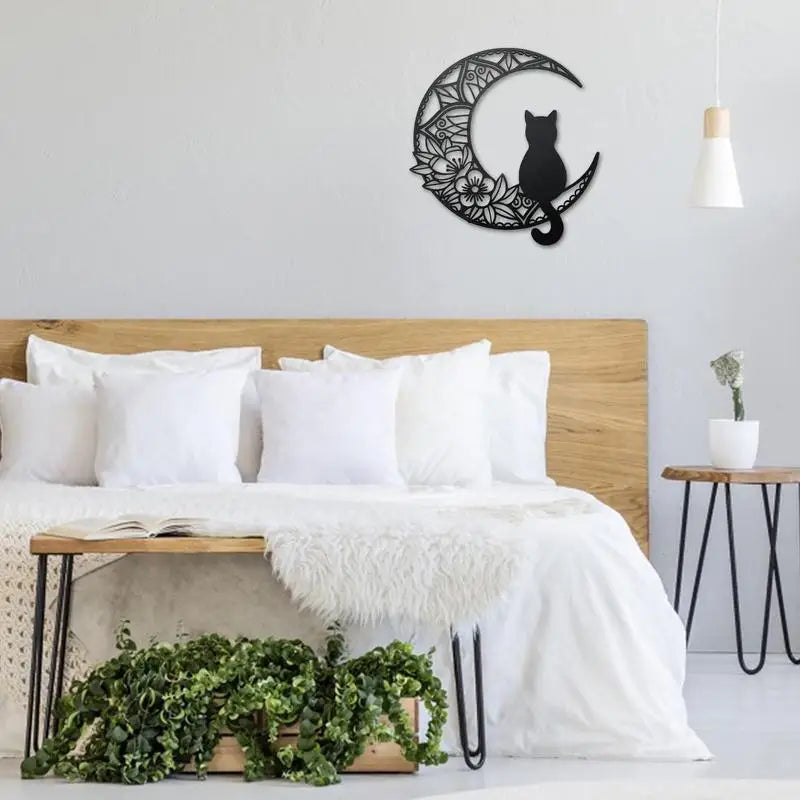 Cat Moon Metal Wall Art Metal Black Cat and Moon Wall Art Decor Black Cat Silhouette with Moon Phase Boho Style Home Decor Wall