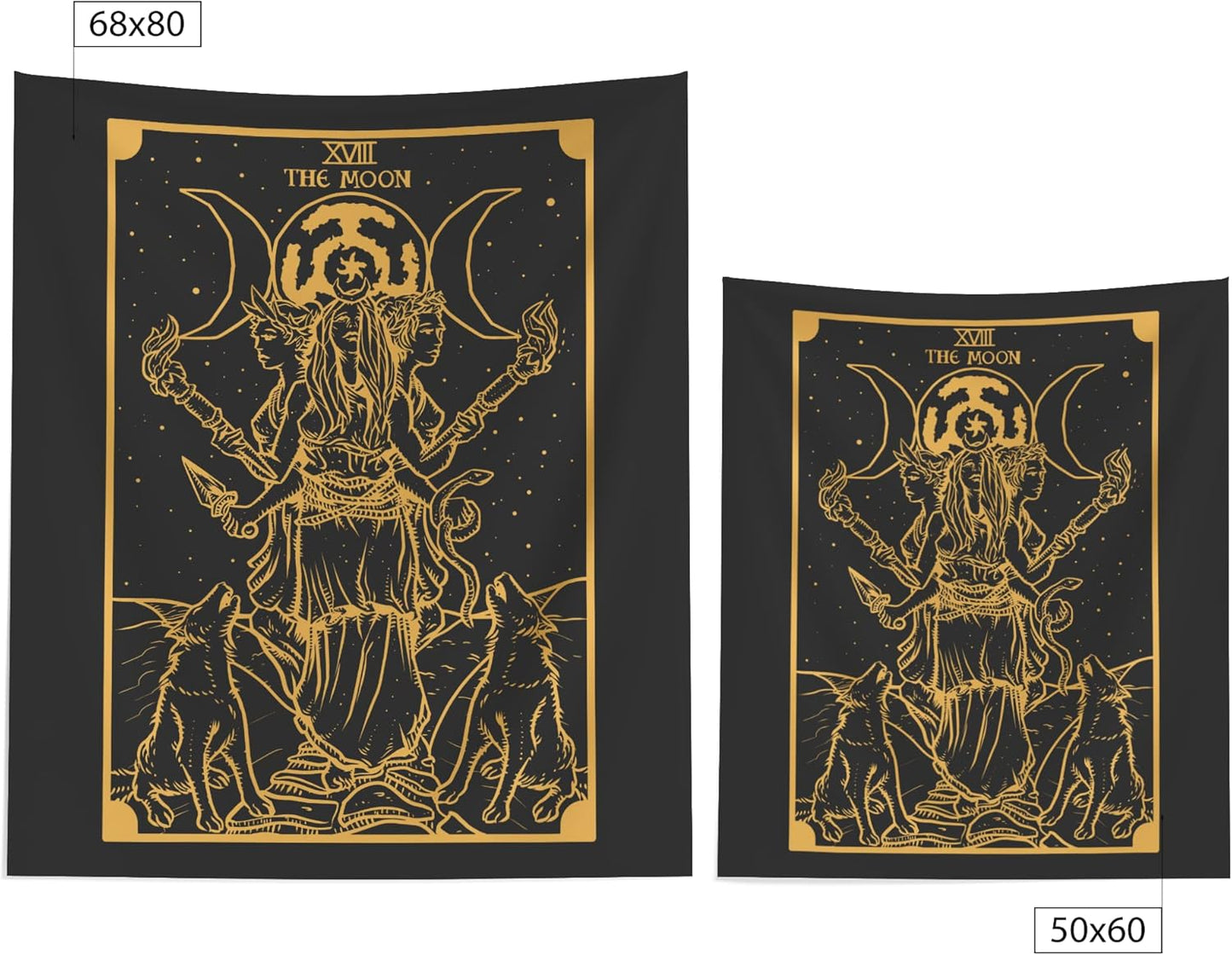 The Goddess Hecate Tarot Card Tapestry (Black & Gold) - Triple Moon Goddess of Witchcraft Hekate Wheel Pagan Witch Wall Hanging (59" X 51")