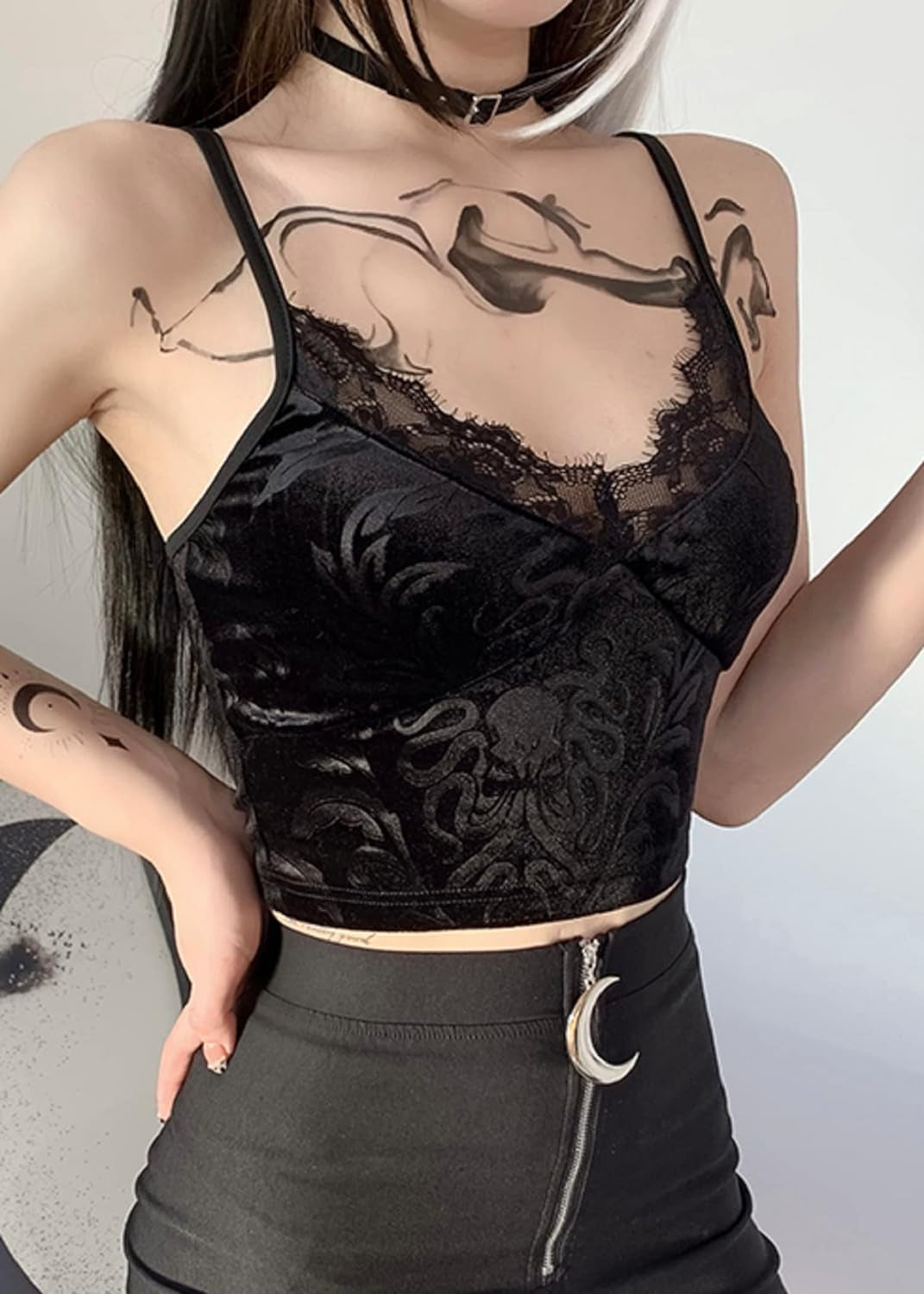 Women Gothic Velvet Camisole Dark Punk V Neck Crop Tops Grunge Harajuku Sleeveless Shirt Lace Alt Emo Girl Tops