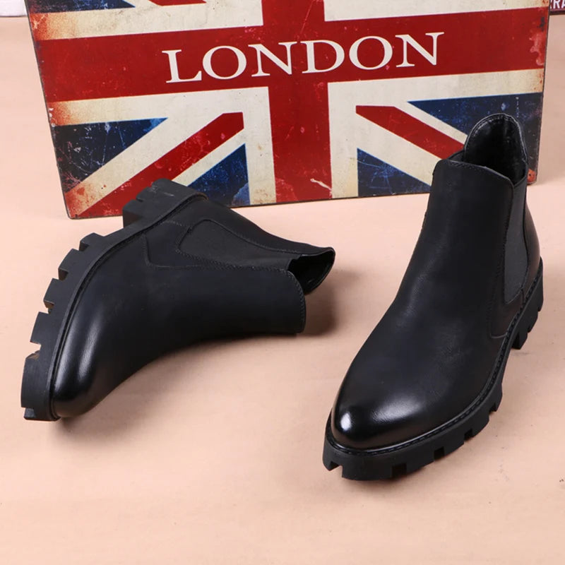 Mens Casual Business Office Formal Dress Chelsea Boots Platform Shoes Genuine Leather Boot Black Ankle Botas Hombre Chaussure