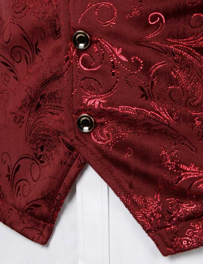 Mens Red Paisley Bronzing Vest Single Breasted V-Neck Wedding Suit Vests Men Gothic Aristocrat Steampunk Victorian Gilet Homme