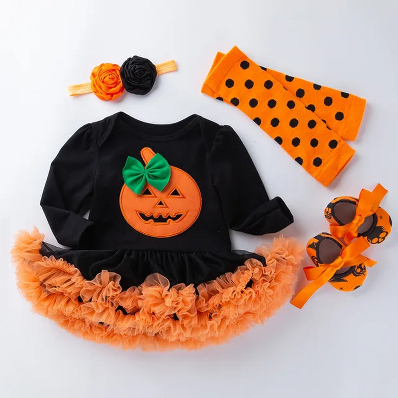 Halloween Baby Costume Girls Rompers Dresses Newborn Pumpkin Black Jumpsuits Dress Infant Cartoon Printed Children Party Outfit