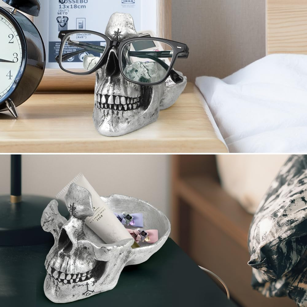 Skull Glasses Stand Holder, Creative Eyeglasses Holder, Sunglasses Spectacle Display Rack, Key Holder Resin Sculptures for Entryway, Home, Office, Desk, Nightstand (Silver)