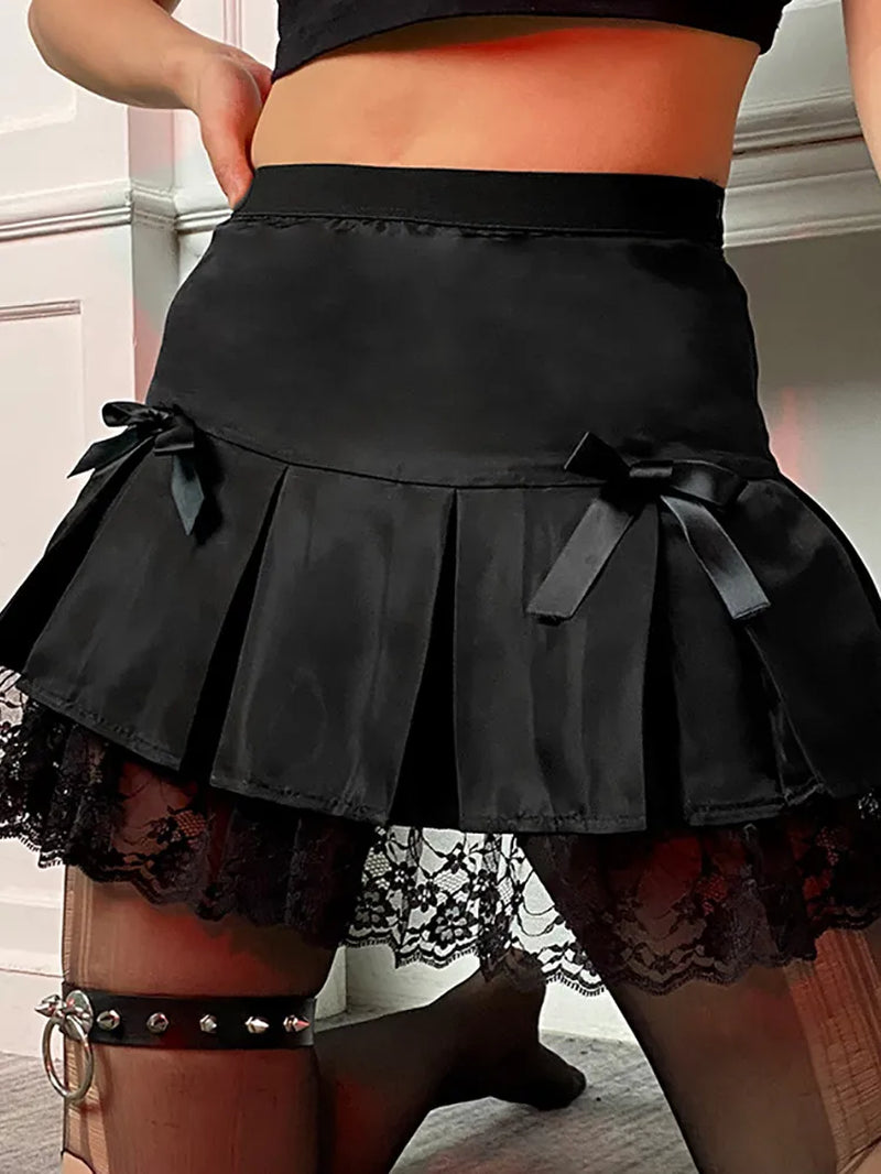 Lace Gothic High Waist Pleated Mini Skirts Harajuku Black E-Girl Sweet A-Line Micro Skirt Patchwork Women Sexy Party