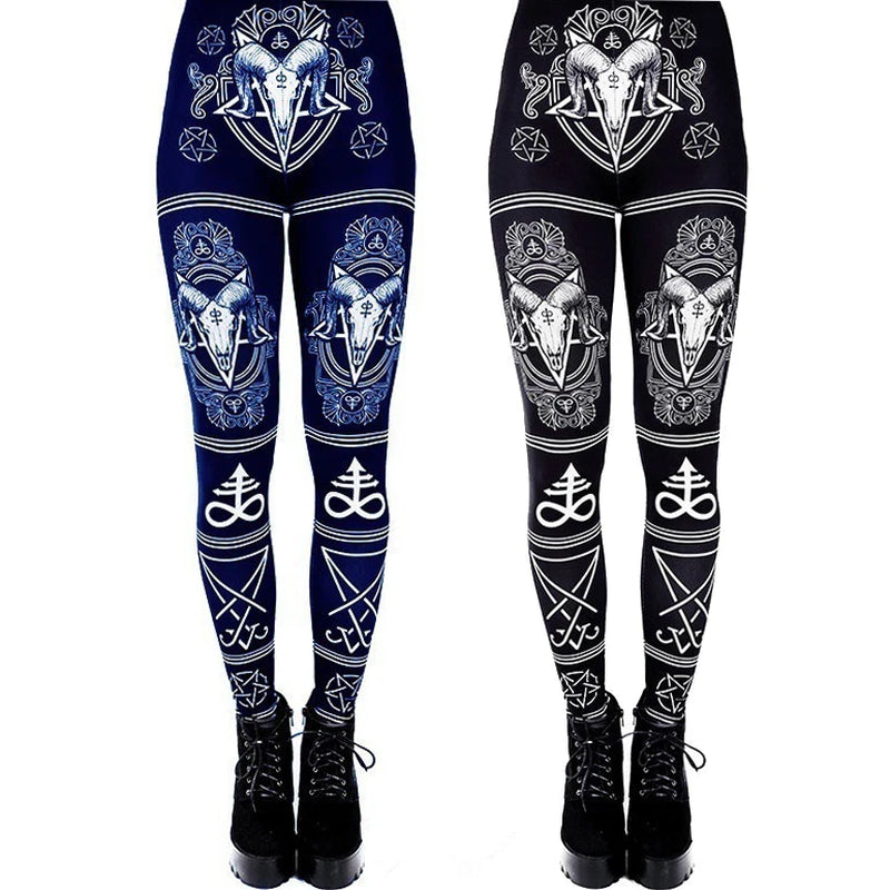 Gothic Ouija Printed Leggings Goat Horn Workout Pants Women Elastic Hexagram Trousers Black Bottoms Female