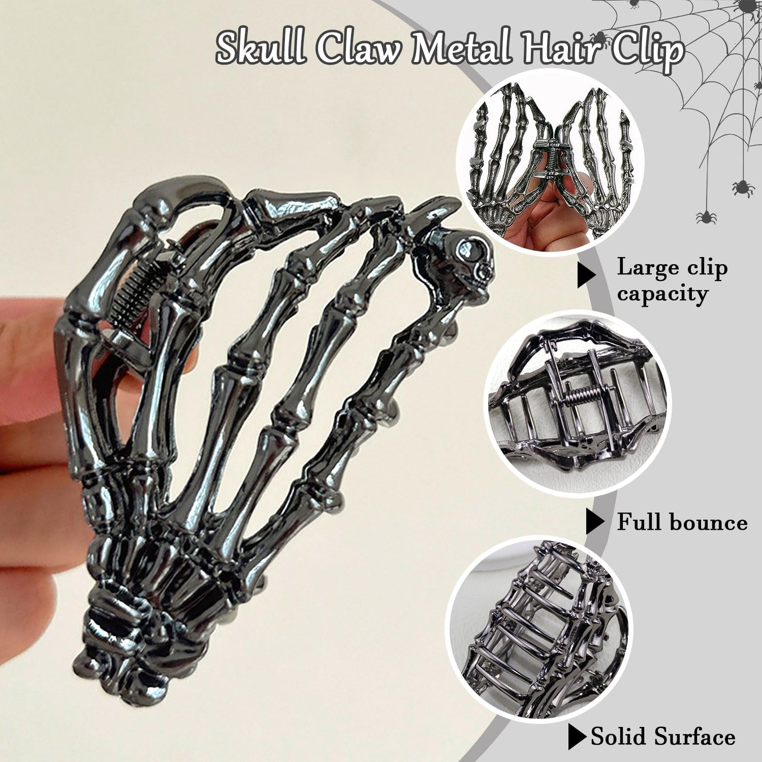 Skeleton Hand Metal Hair Claw Clips Alloy Hair Claw Clips, 1Pcs Gunmetal Hand Skull Metal Hair Clip for Thin Hair Punk & Y2K-Style (Gunmetal)