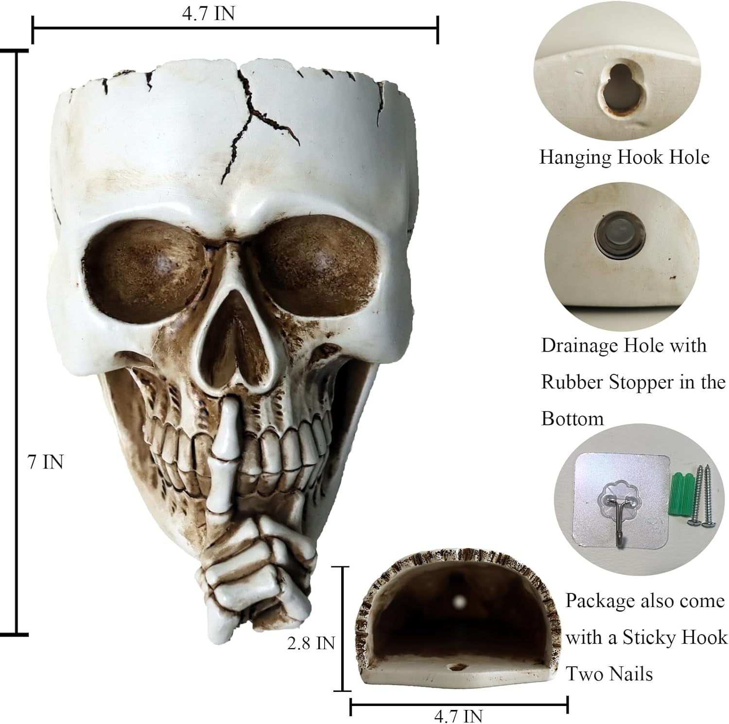 Skull Wall Planter for Indoor Outdoor Plants, Hanging Skull Vase Unique Face Flower Pot Head Planters, Resin Skeleton Gothic Planter for Home Decorations, White Skull Hanging Planter