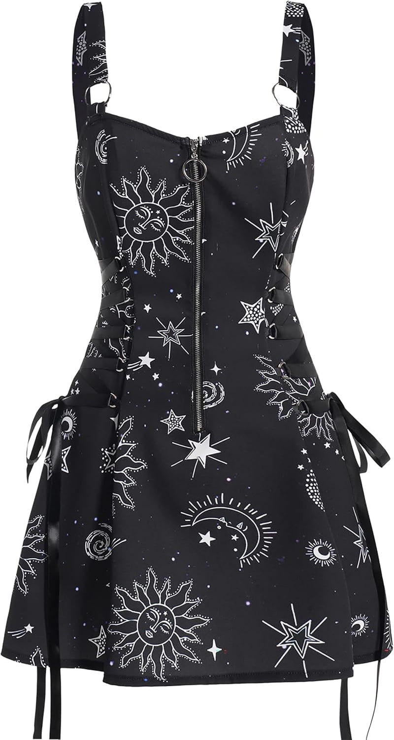 Women'S Gothic Dress Galaxy Sun Star Sleeveless Zip Front Lace up A-Line Mini Dress