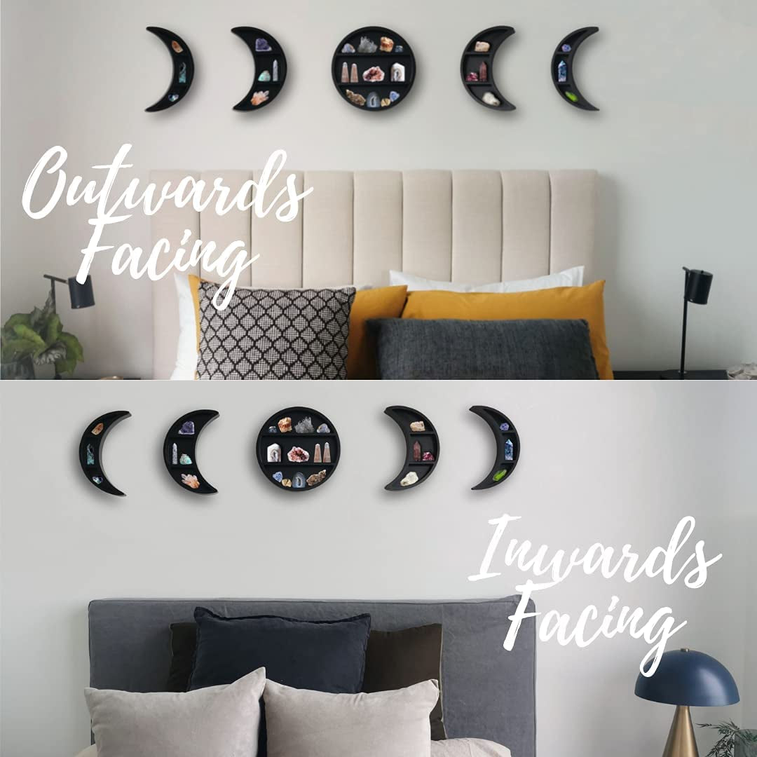 5 Pieces 12.2" Moon Phase Shelf Set - Phases of the Moon Wall Decor - Crescent Moon Shelf for Crystals - Moon Phase Wall Decor Crystal Shelf Display - above Bed Wall Decor Bedroom Storage (Black)