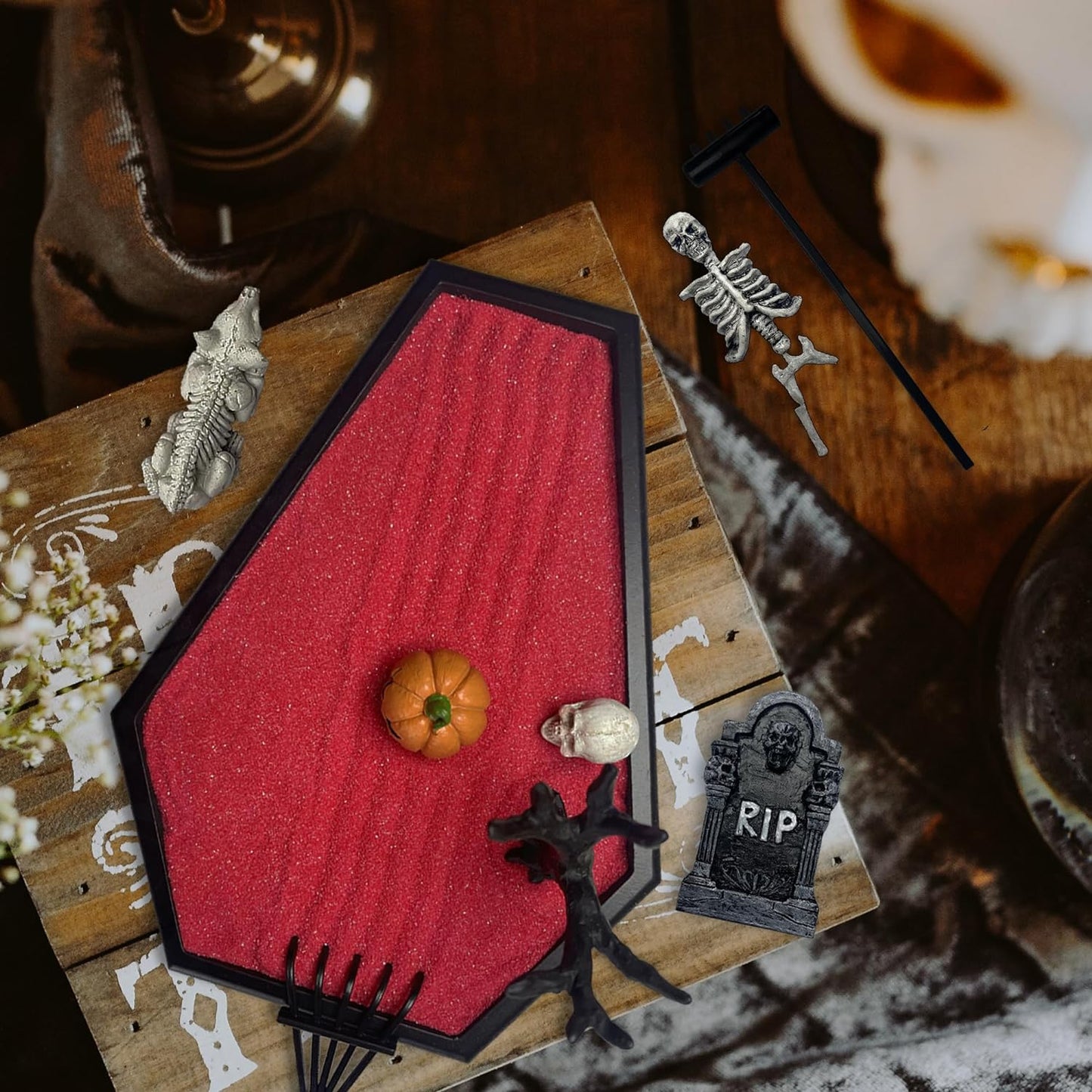 Coffin Zen Garden Decor for Office Desk, Meditation&Relaxation Mini Halloween Tabletop Sand Garden, Black Wooden Tray Kit Includes Pumpkin, Skeleton Dog, RIP Tombstone