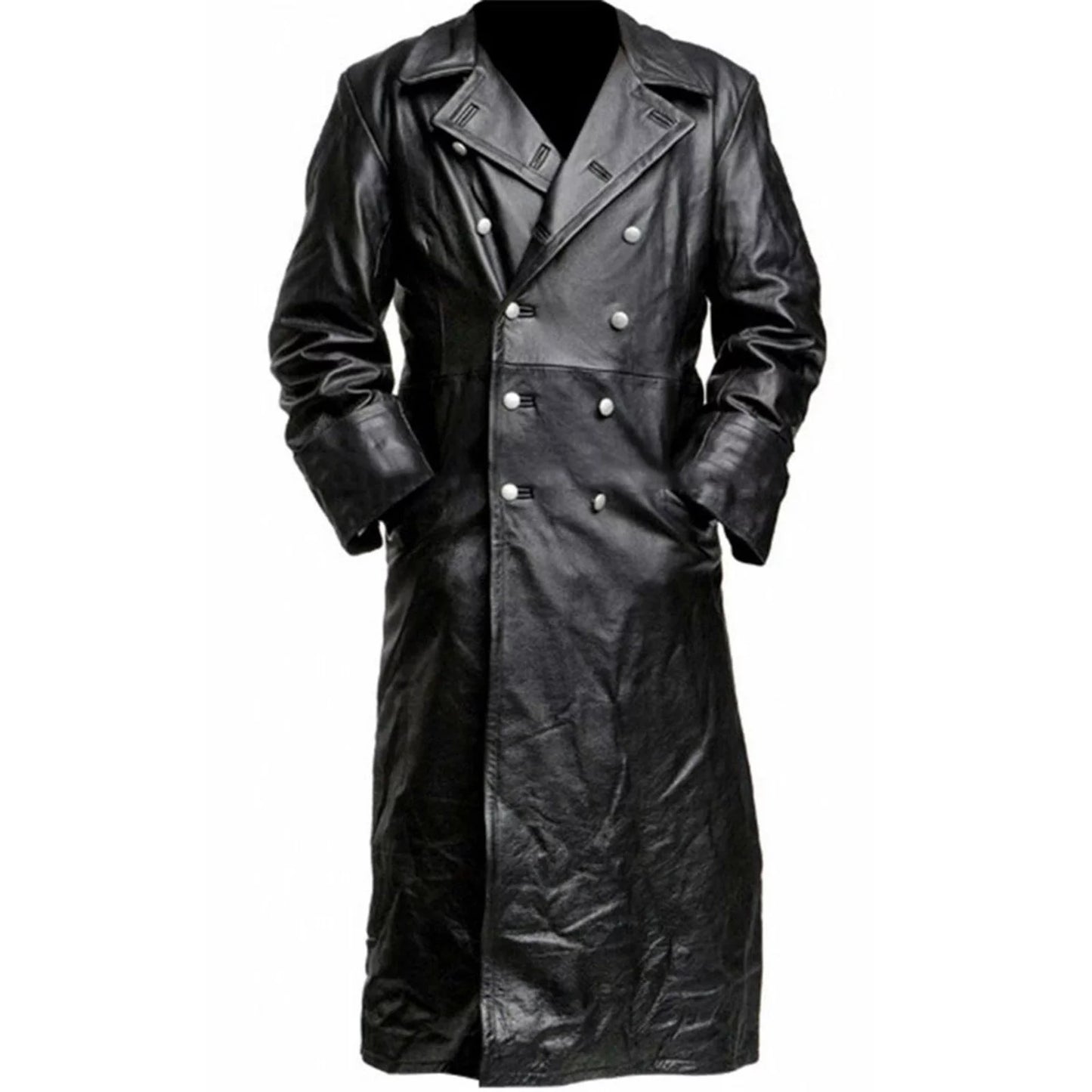 Mens Winter Leather Coats- V Neck Parka Long Sleeve Full Zip Solid Fashion Duster Leather Jacket Black