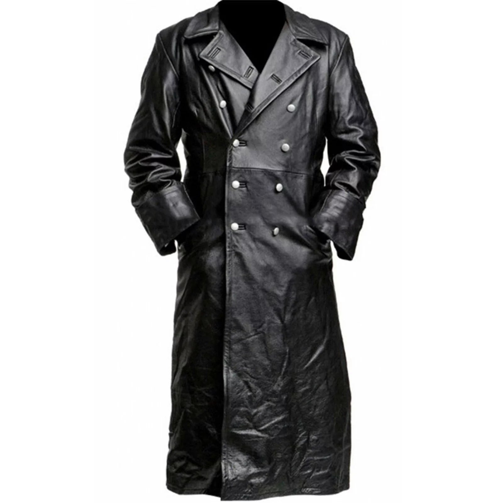 Mens Winter Leather Coats- V Neck Parka Long Sleeve Full Zip Solid Fashion Duster Leather Jacket Black