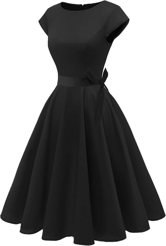 Women'S 1950 Boatneck Cap Sleeve Vintage Swing Cocktail Party Dress with Pockets Black M