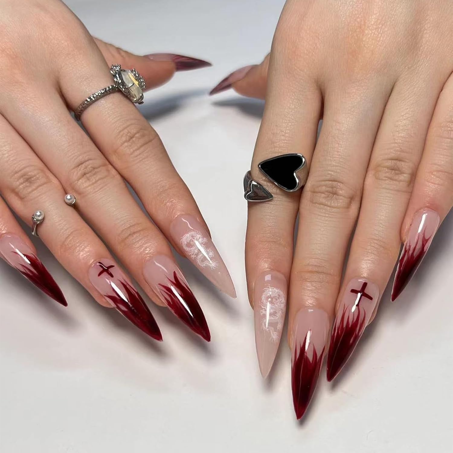 Press on Nails Long Stiletto Fake Nails Glossy Glue on Nails Goth Red Black Ombre Acrylic Nails Gothic Cross Almond Artificial Nails Silver Chrome Swirl Stick on False Nails with Design 24 Pcs