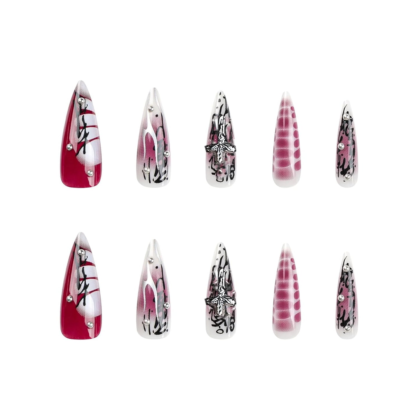 Press on Nails Long Stiletto Fake Nails Glossy Glue on Nails Goth Red Black Ombre Acrylic Nails Gothic Cross Almond Artificial Nails Silver Chrome Swirl Stick on False Nails with Design 24 Pcs