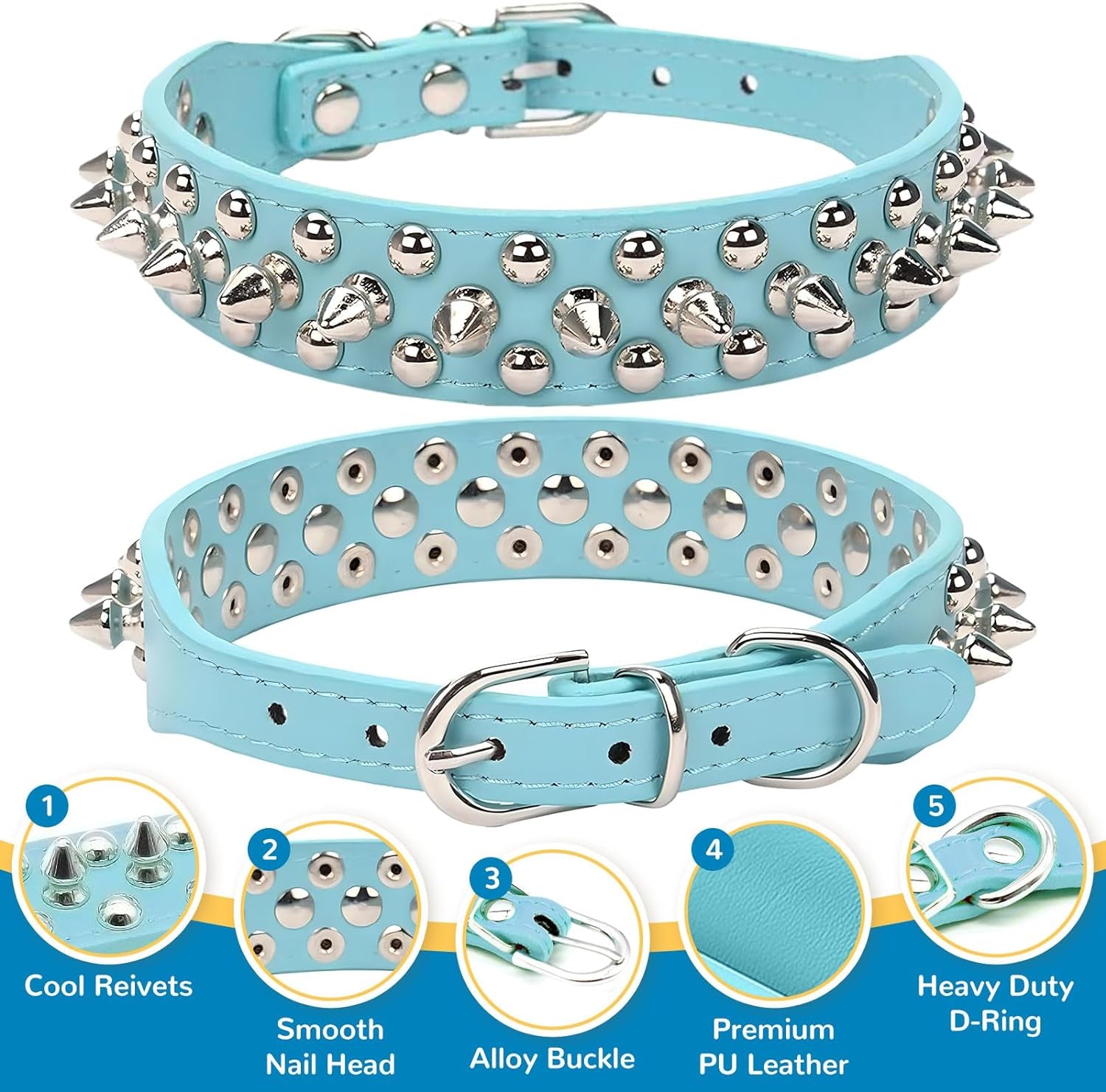 Spiked Dog Collar Blue Soft Pu Leather Funny Mushrooms Rivet Spike Studded Puppy Collar Adjustable Outdoor Pet Dog Collar for Small Medium Large Dogs Cats Chihuahua Pug Pit Bull Dog Collars