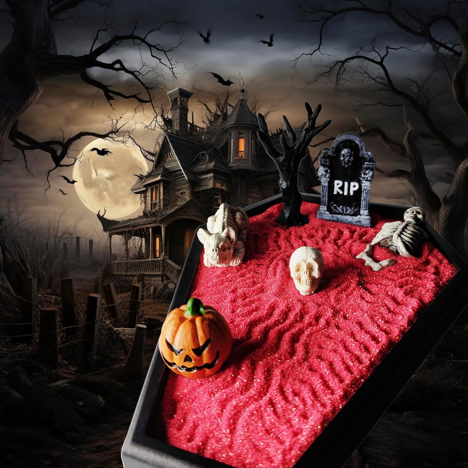 Coffin Zen Garden Decor for Office Desk, Meditation&Relaxation Mini Halloween Tabletop Sand Garden, Black Wooden Tray Kit Includes Pumpkin, Skeleton Dog, RIP Tombstone