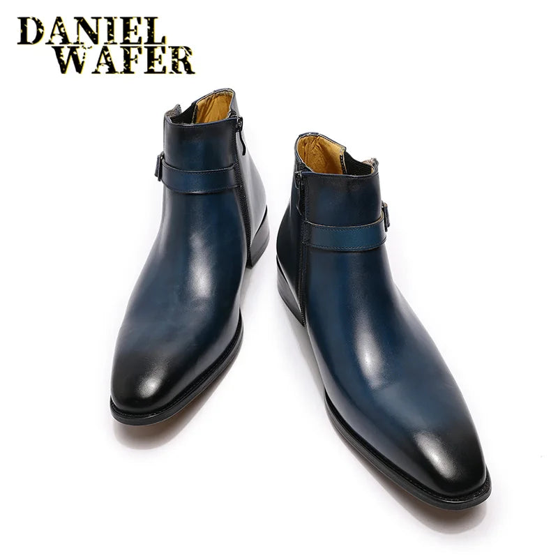 Luxury Men Ankle Boots Leather Shoes Black Blue High Grade Zipper Buckle Strap Chelsea Boot Office Wedding Dress Boots for Men