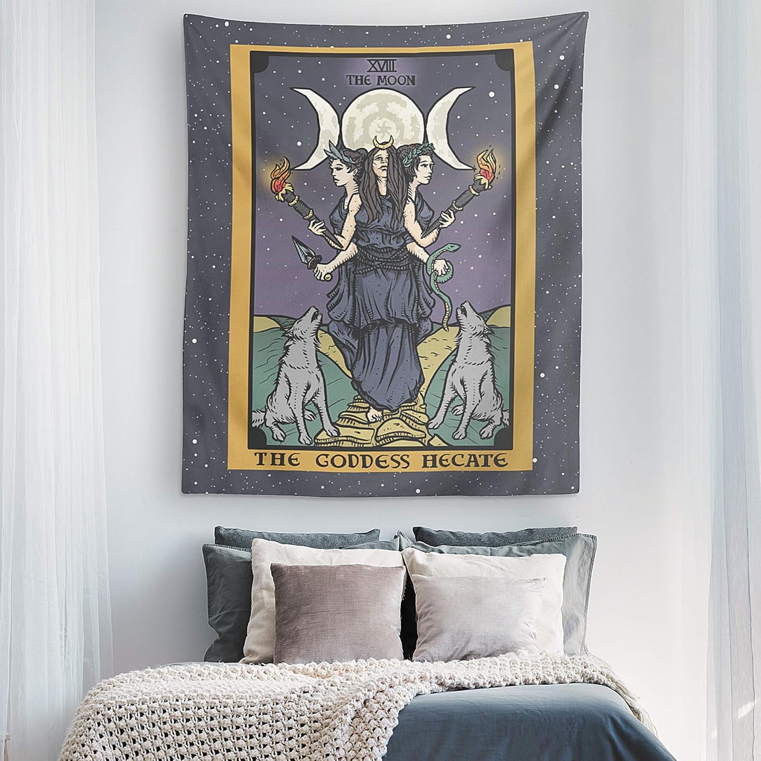 The Goddess Hecate Tarot Card Tapestry - Triple Moon Goddess of Witchcraft Hekate Wheel Pagan Witch Wall Hanging (60" X 50")