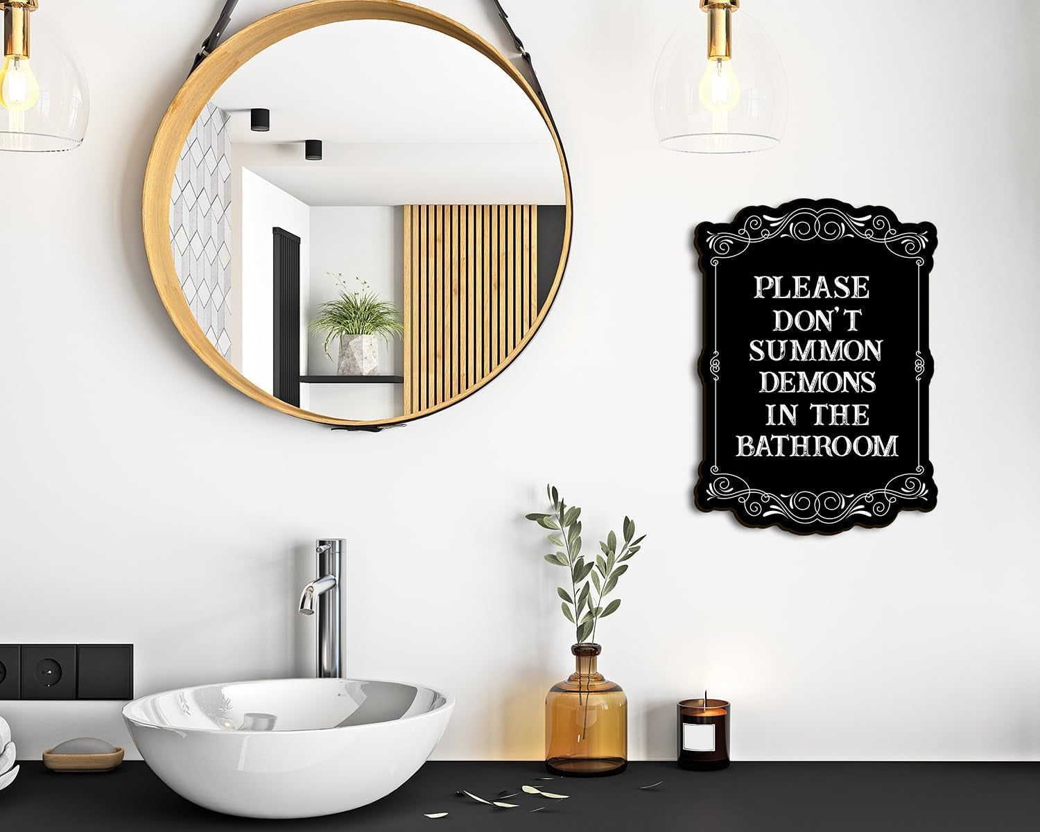 - Please Do Not Summon Demons in the Bathroom, Funny Gothic Decor Bathroom Wall Art, Wooden Spooky Wall Hanging (B, 8X10 Inch)