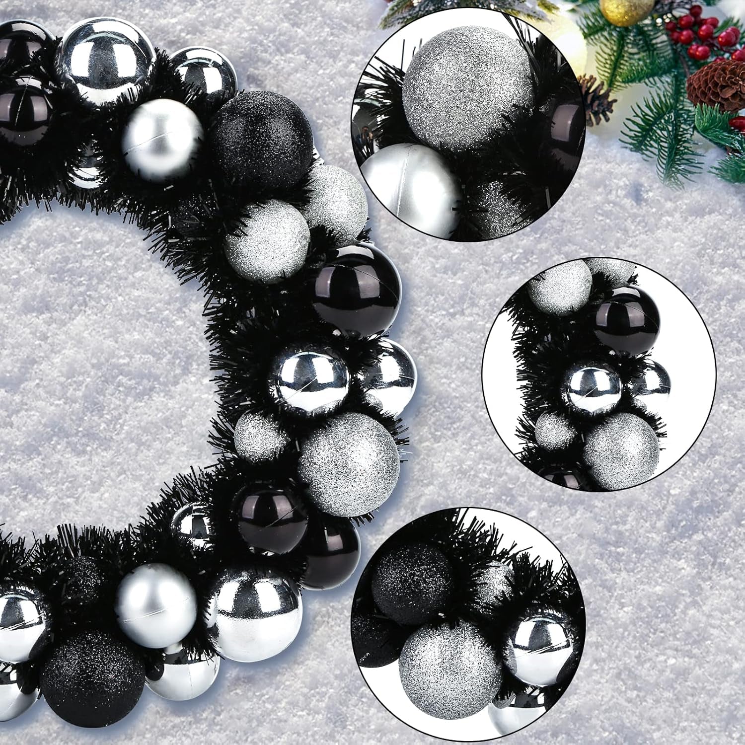 Christmas Ball Wreath,13 Inches Black and Silver Ornament Garland Decoration