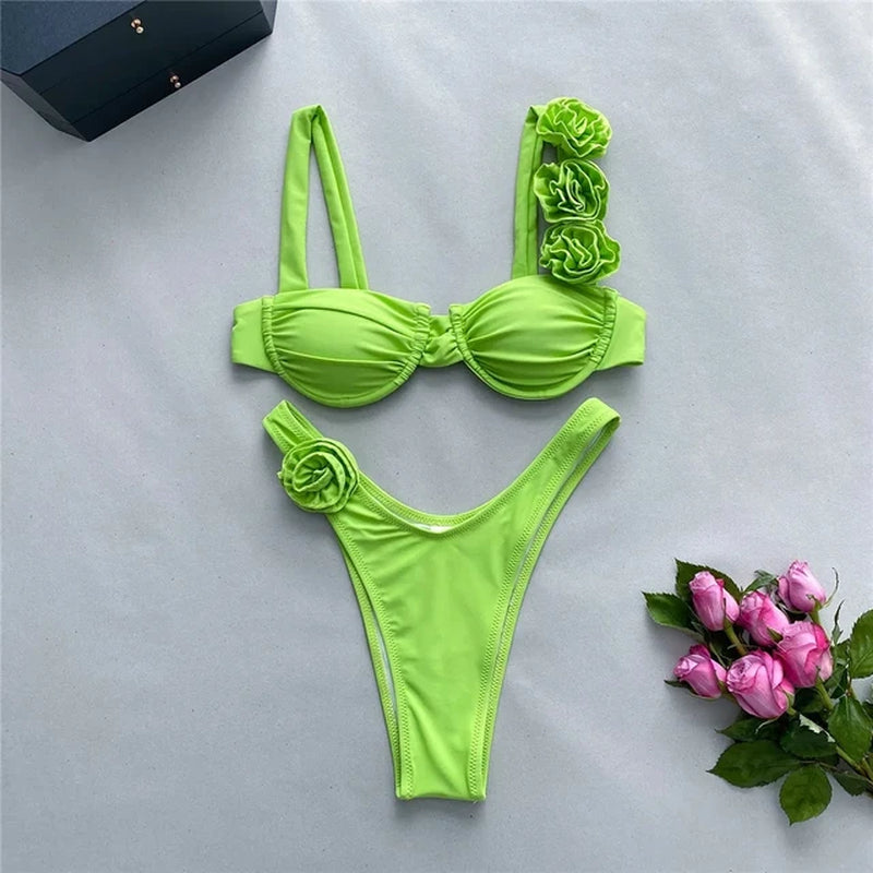 Sexy Flower Shiny Pink Push up Bikini 2024 Women Swimwear Underwired Swimsuit High Cut Bathing Suit Wrinkled Bikinis Set Biquini