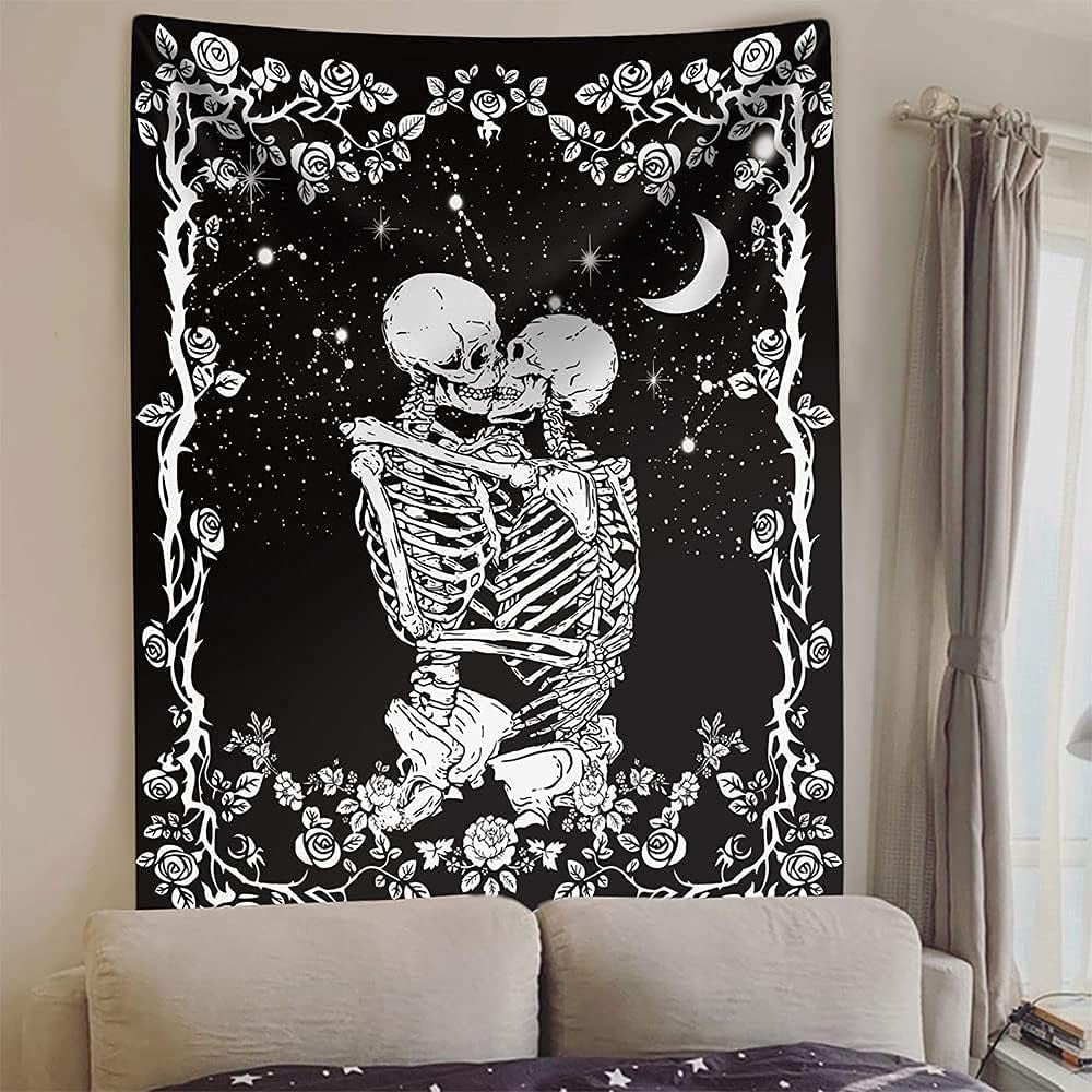 Skull Tapestry for Bedroom Aesthetic Black Skeleton Tapestry Goth Tapestry Halloween Wall Decor Dark Gothic Tapestry Wall Hanging Horror Creepy Spooky Witchy Home Wall Decor 51"X60"