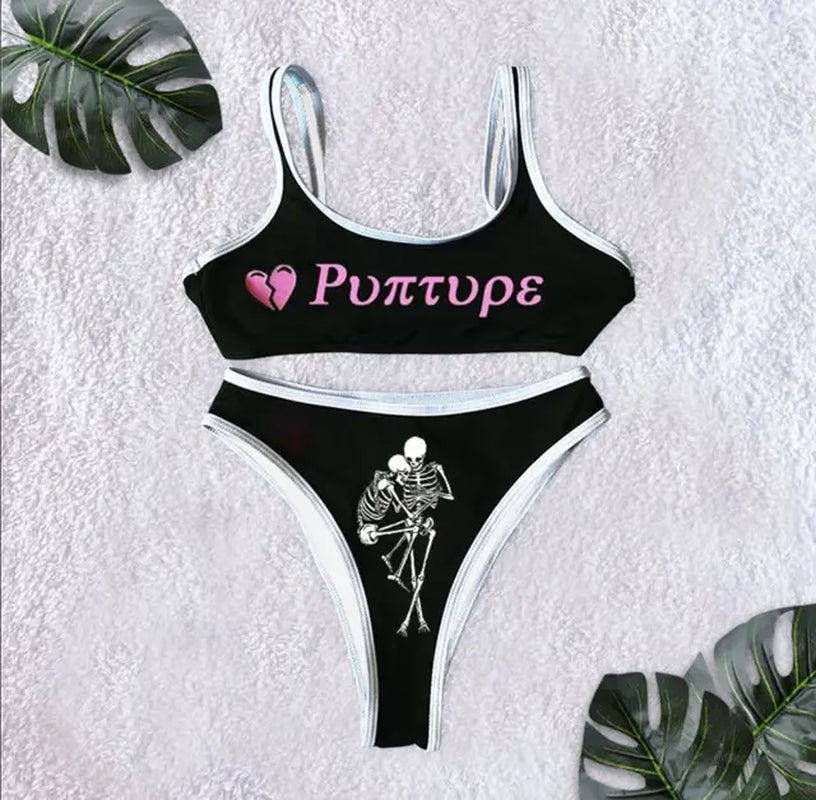 High Waist Sleeveless Gothic Emo Swimsuit Strap Beachwear Sexy Goth Women Two-Piece Skull Print Bikini Suit Split Bathing Suit