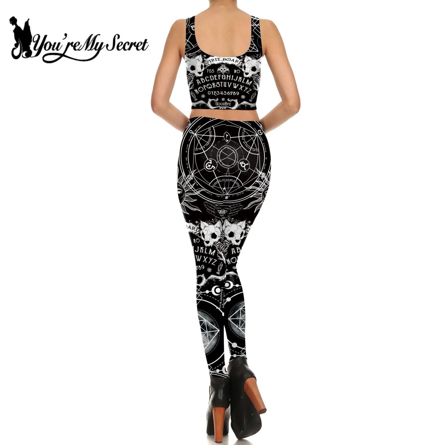 [You'Re My Secret] Ouija Print Sexy Skinny Leggings for Women Croped Tops Set High Waist Gothic Goth Black Color Punk Trousers