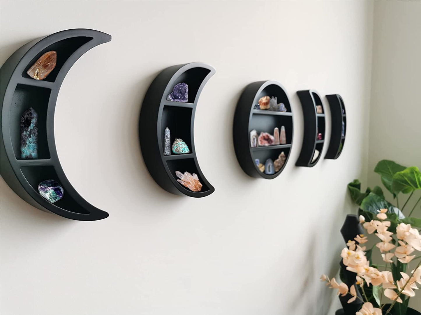 5 Pieces 12.2" Moon Phase Shelf Set - Phases of the Moon Wall Decor - Crescent Moon Shelf for Crystals - Moon Phase Wall Decor Crystal Shelf Display - above Bed Wall Decor Bedroom Storage (Black)