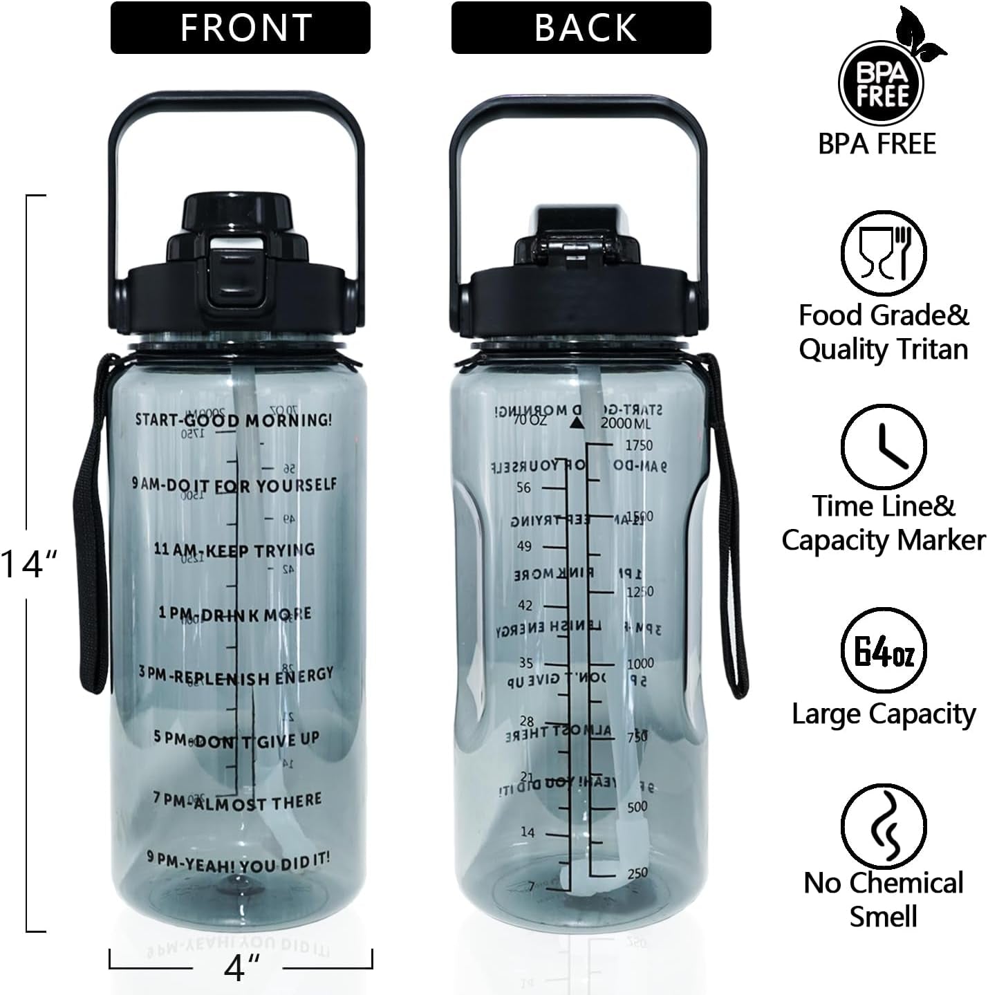 Goth Moon Half Gallon Water Bottle with Sleeve - Flip Top Bpa Free Water Bottle 64 OZ - with Time Marker Leakproof Water Jug - Motivational Water Bottle for Halloween Spooky Gifts for Women