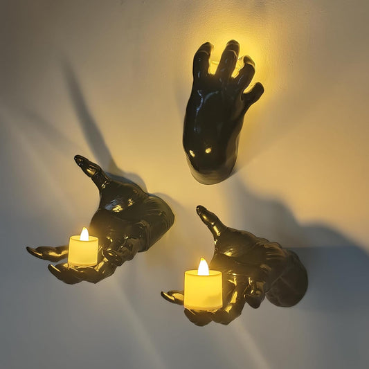 Halloween Decorations Indoor/Outdoor, Pack of 3 Wall Mounted Creepy Reaching Hands with Lighted Candles, Life-Sized Horror Hands for Wall Decorations, Gothic Hanging Wall Art Sculpture