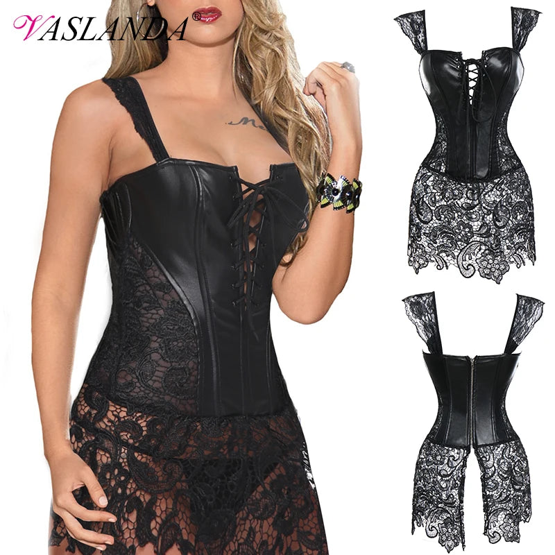 Women Bustiers & Corset Faux Leather Steampunk Corset Dress Lace up Zipper Bustiers Top with Renaissance Skirt Burlesque Costume