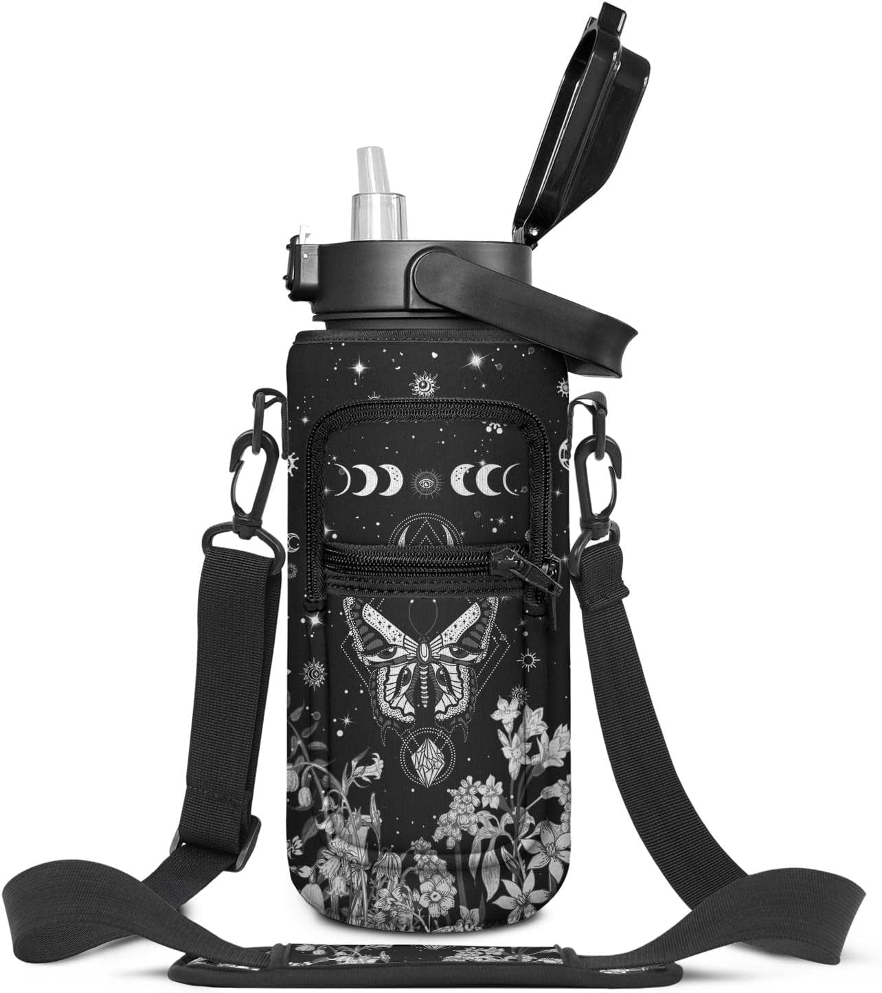 Goth Moon Half Gallon Water Bottle with Sleeve - Flip Top Bpa Free Water Bottle 64 OZ - with Time Marker Leakproof Water Jug - Motivational Water Bottle for Halloween Spooky Gifts for Women