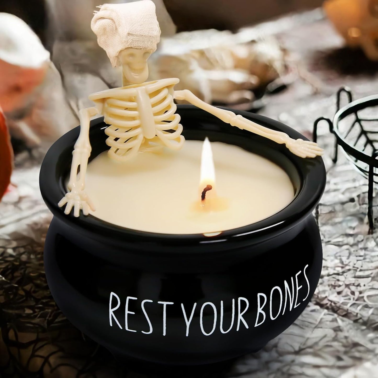 Skeleton Candle, Halloween Decor - Long Burning Soy Candle with Gothic Design, Vintage Farmhouse Decoration for Home Indoor Room Tables, Spooky Gifts for Women