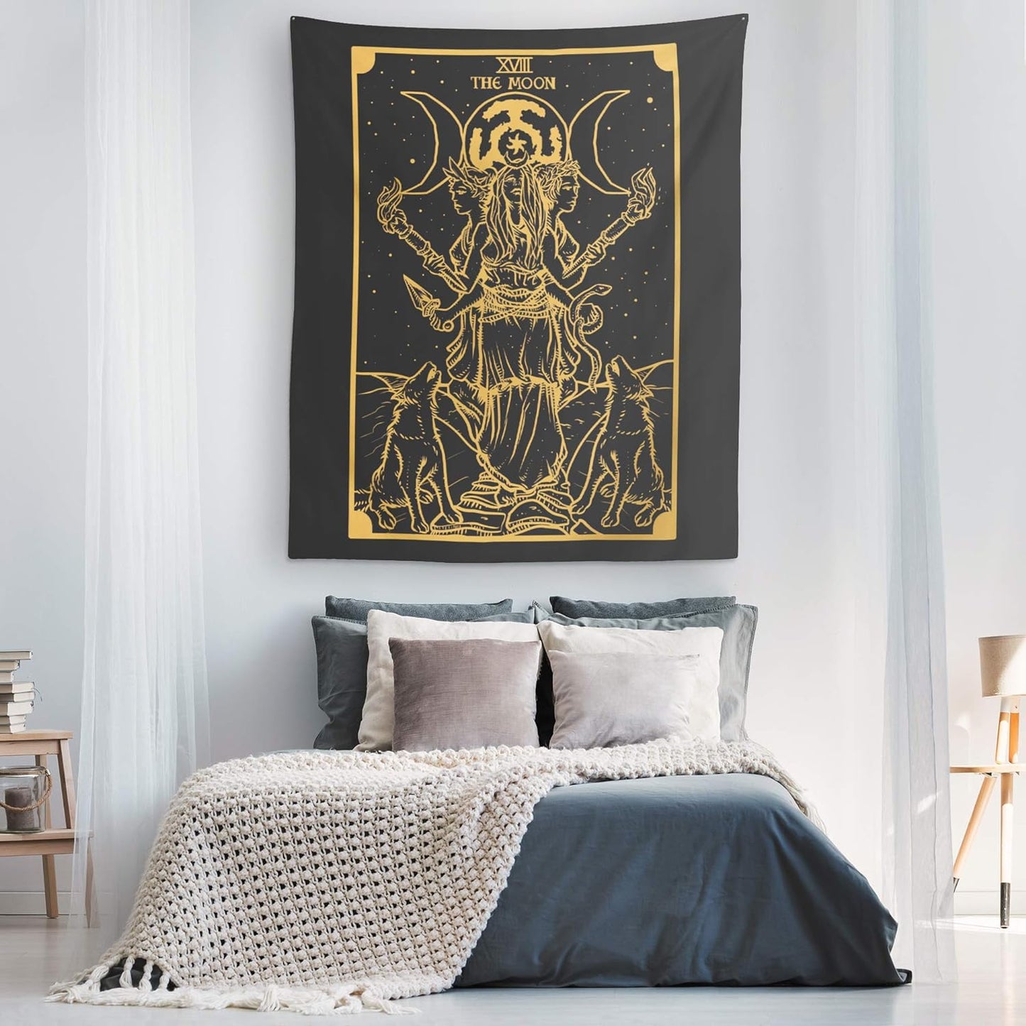 The Goddess Hecate Tarot Card Tapestry (Black & Gold) - Triple Moon Goddess of Witchcraft Hekate Wheel Pagan Witch Wall Hanging (59" X 51")