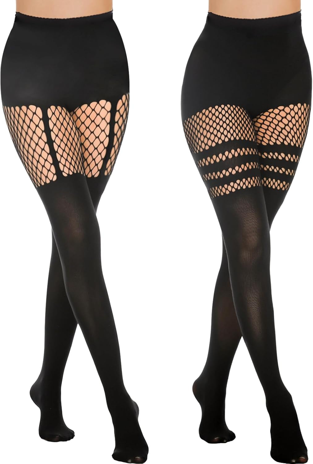 Faux Thigh High Tights Mock Suspender Pantyhose Striped Goth Fishnets Pack of 2