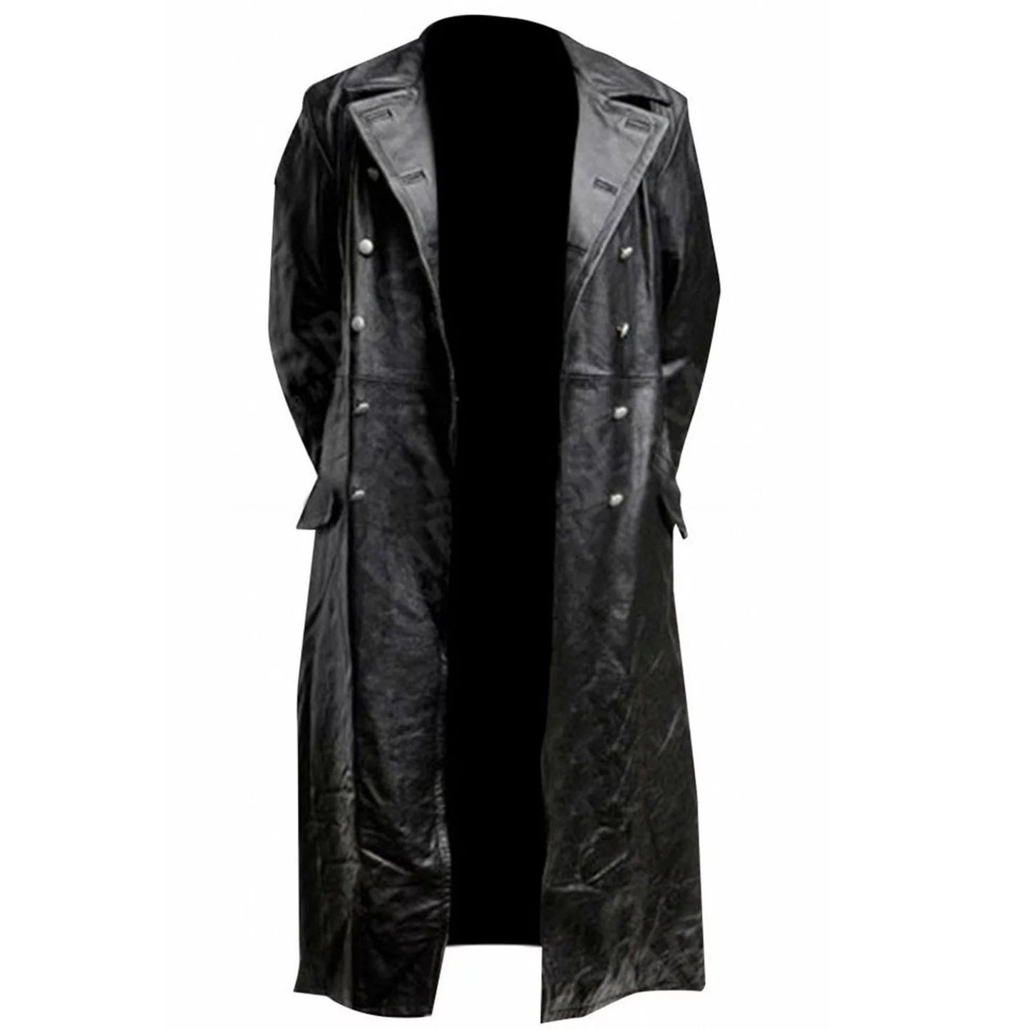 Mens Winter Leather Coats- V Neck Parka Long Sleeve Full Zip Solid Fashion Duster Leather Jacket Black