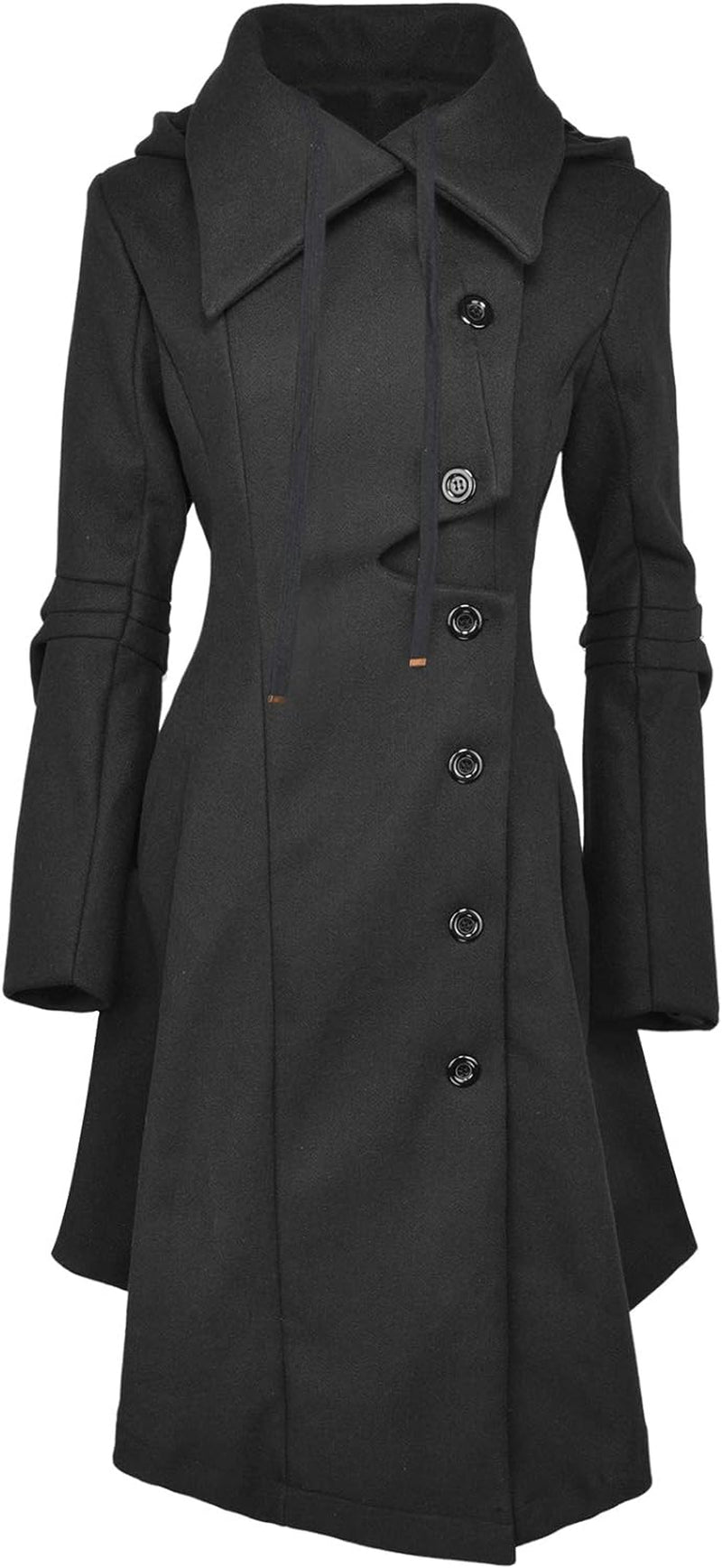 Women'S Trench Coat Goth Wool Blend Pea Jacket Victorian Long Fitted Trenchcoat Hood Winter Steam Punk Lapel Outwear