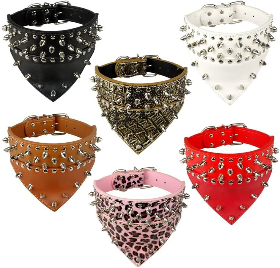 2" Width Bandana Style Scarf Leather Dog Collar, Spiked Studded Fit Dalmatian Pit Bull Terrier,Brown S Size