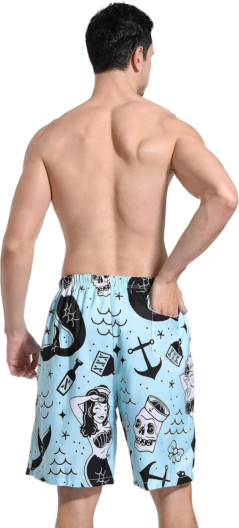 Mens Mermaid and Skull Swim Trunks Board Shorts Beach Swimwear Bathing Suit with Mesh Lined and Pockets