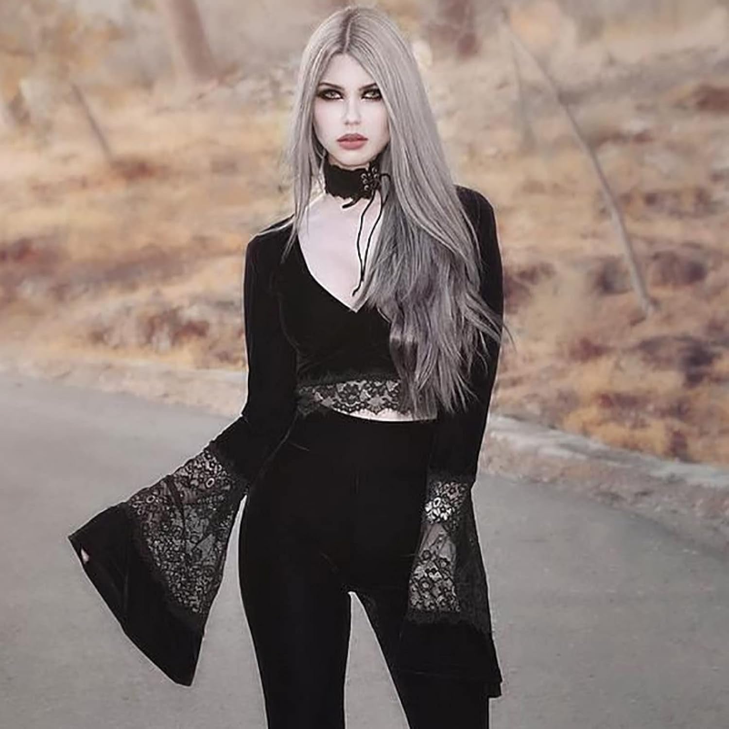 Goth Sexy Women Gothic Crop Top Flare Long Sleeve Lace Hollow Out Black Retro Bodycon Female V-Neck Tops